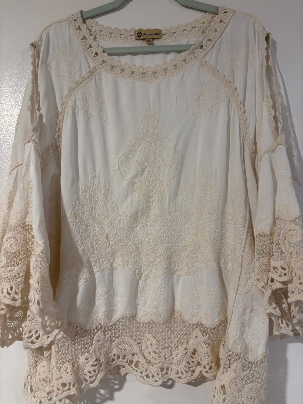 Democracy Cream Crochet Lace Boho Blouse- XL -